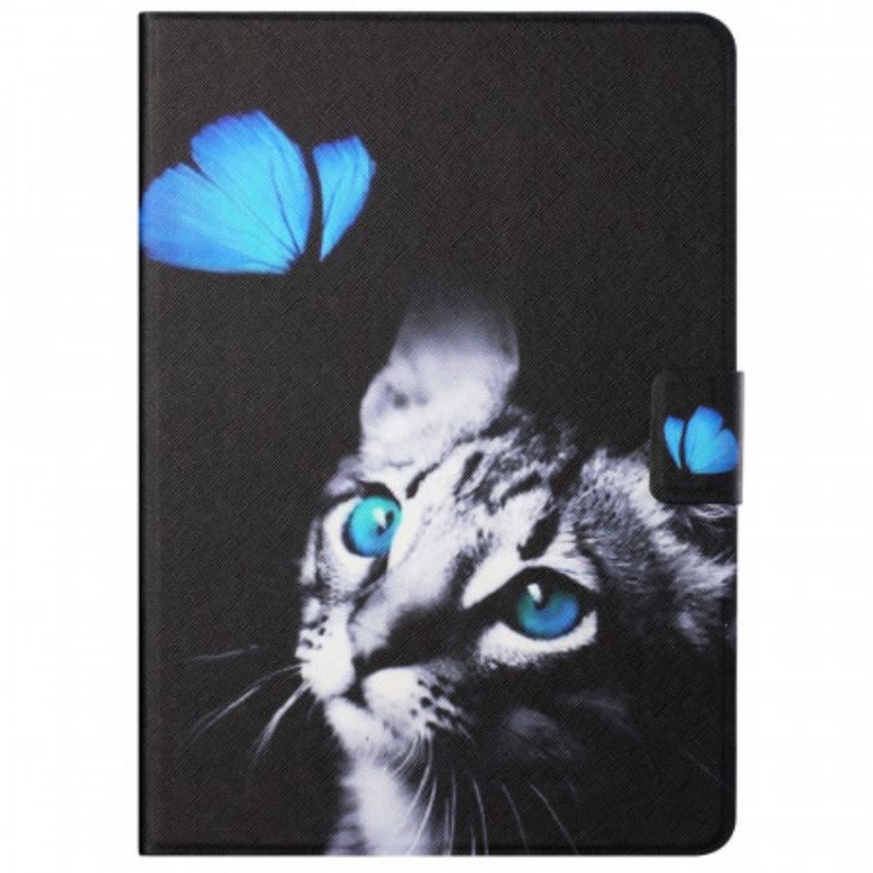 Capa De Couro Para Samsung Galaxy Tab A8 (2021) Gato Azul E Borboleta