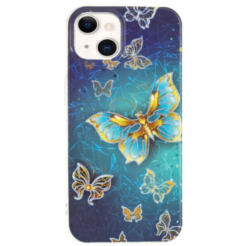 Capa De Celular Para iPhone 15 Plus Borboletas Douradas