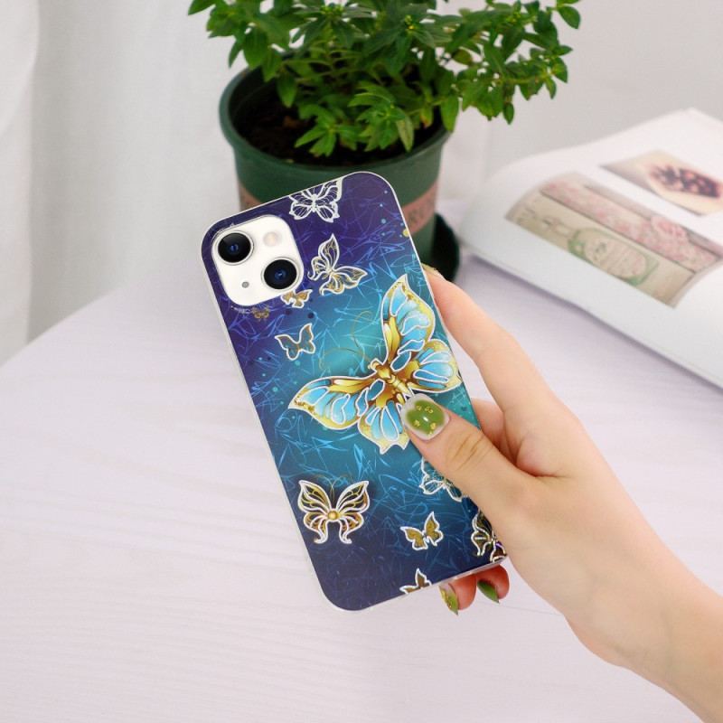 Capa De Celular Para iPhone 15 Plus Borboletas Douradas