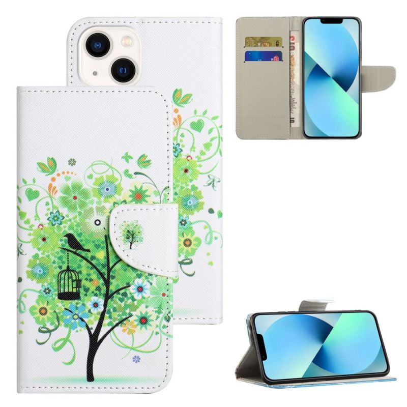 Capa De Couro Para iPhone 15 Plus Árvore Com Folhagem Verde