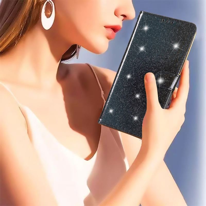 Capa De Couro Para iPhone 15 Plus De Cordão Efeito Brilho Com Alça