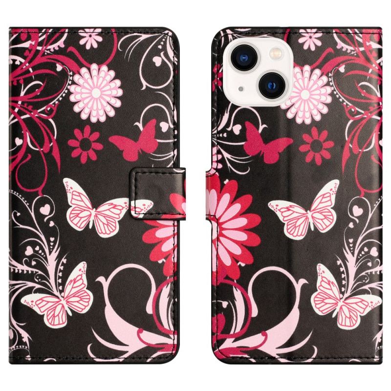 Capa De Couro Para iPhone 15 Plus Lindas Borboletas