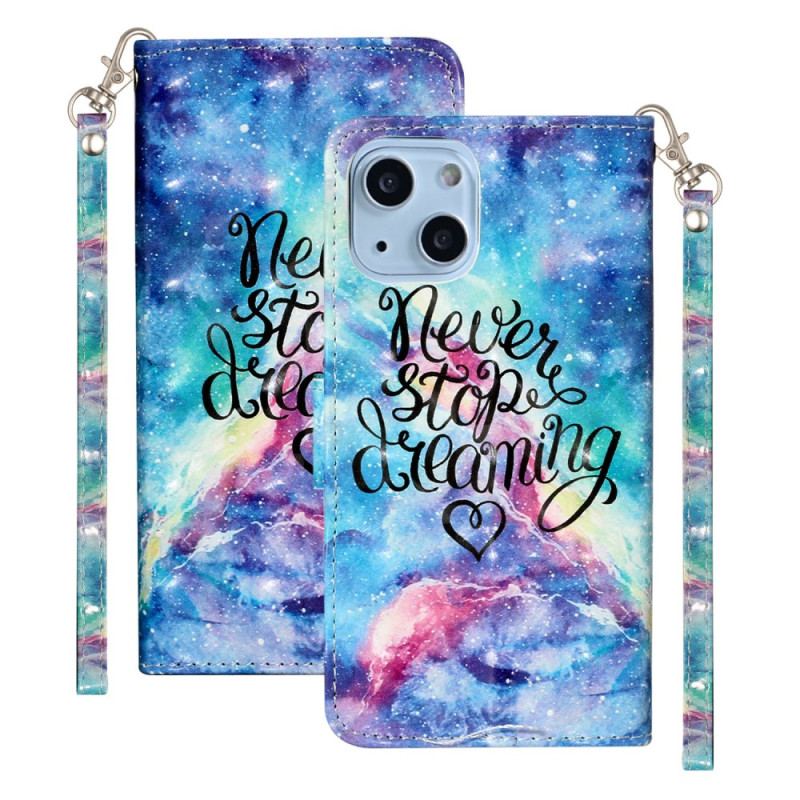 Capa Em Pele Para iPhone 15 Plus De Cordão Pulseira 3d Nunca Pare De Sonhar