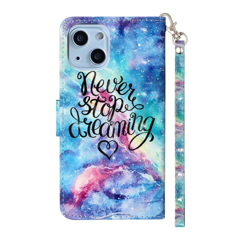 Capa Em Pele Para iPhone 15 Plus De Cordão Pulseira 3d Nunca Pare De Sonhar