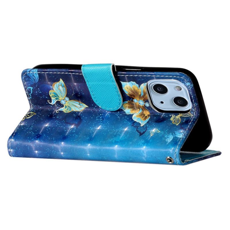 Capa Flip Para iPhone 15 Plus De Cordão Borboletas 3d Com Cordão