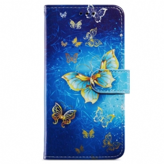 Capa Flip Para iPhone 15 Plus De Cordão Borboletas Em Vôo Com Alça