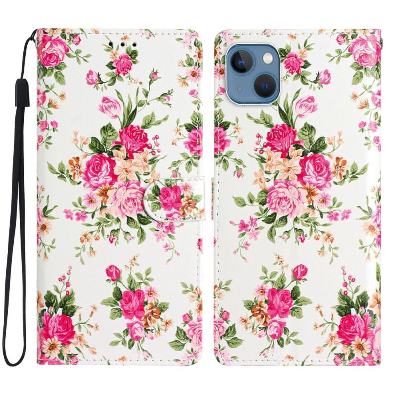 Capa Flip Para iPhone 15 Plus De Cordão Flores Com Alça