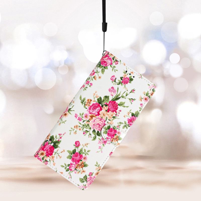 Capa Flip Para iPhone 15 Plus De Cordão Flores Com Alça