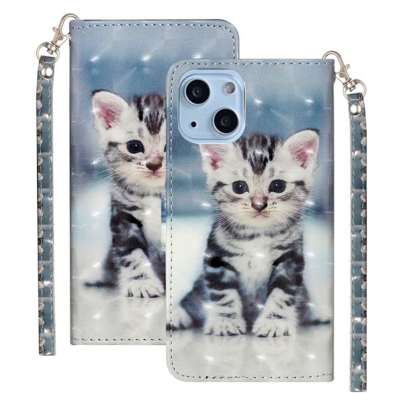 Capa Flip Para iPhone 15 Plus De Cordão Gatinho 3d Com Alça