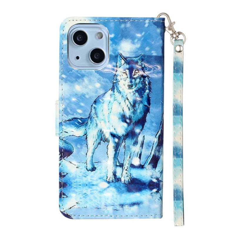 Capa Flip Para iPhone 15 Plus De Cordão Lobo 3d Com Alça