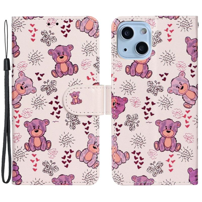 Capa Flip Para iPhone 15 Plus De Cordão Ursos De Cordão