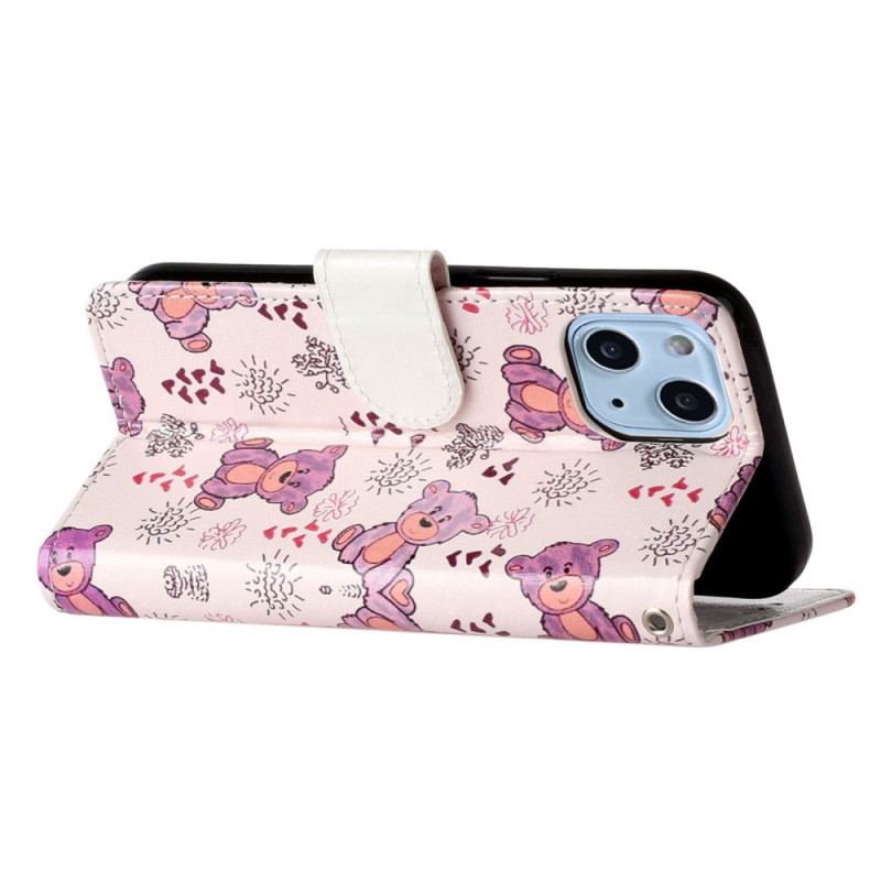 Capa Flip Para iPhone 15 Plus De Cordão Ursos De Cordão