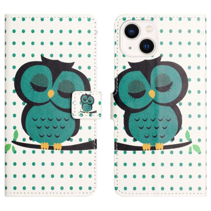 Capa Flip Para iPhone 15 Plus Coruja Adormecida
