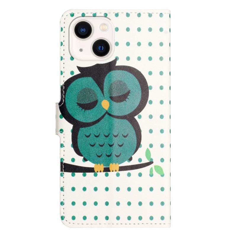 Capa Flip Para iPhone 15 Plus Coruja Adormecida