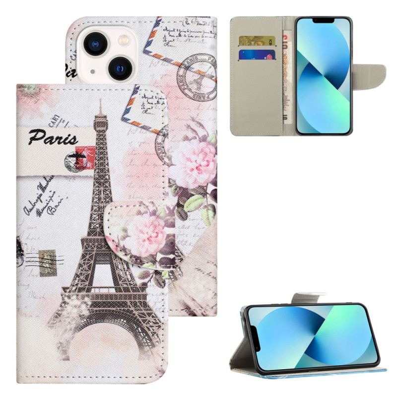 Capa Flip Para iPhone 15 Plus Torre Eiffel Vintage