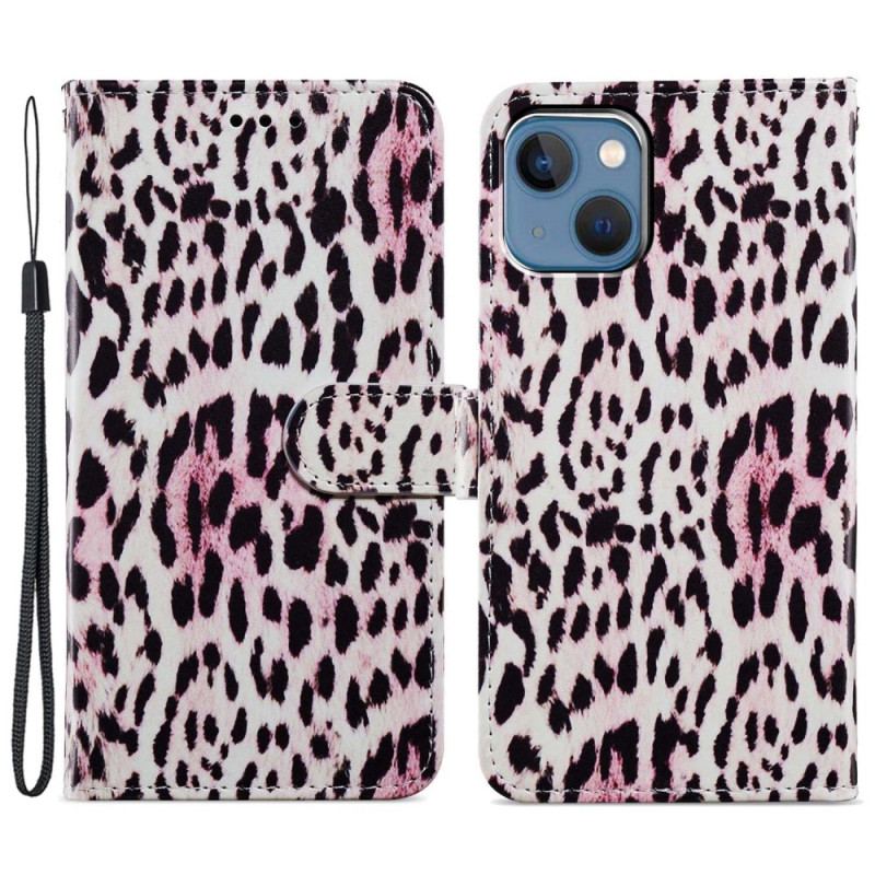 Capa Folio Para iPhone 15 Plus De Cordão Efeito Pele De Leopardo Com Alça