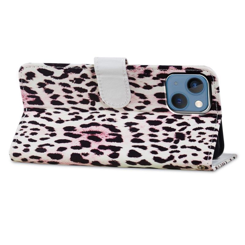 Capa Folio Para iPhone 15 Plus De Cordão Efeito Pele De Leopardo Com Alça