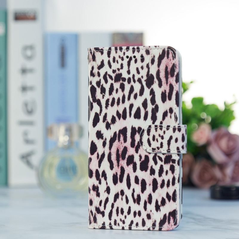 Capa Folio Para iPhone 15 Plus De Cordão Efeito Pele De Leopardo Com Alça