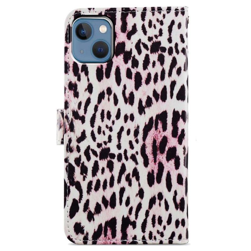 Capa Folio Para iPhone 15 Plus De Cordão Efeito Pele De Leopardo Com Alça