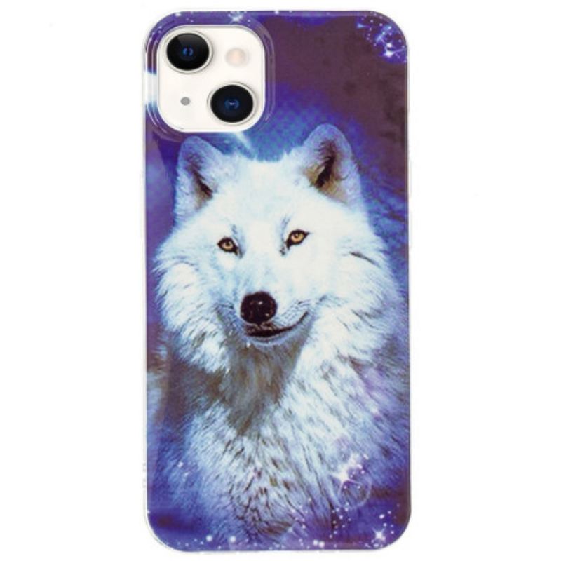 Capa Para iPhone 15 Plus Lobo Branco Fluorescente