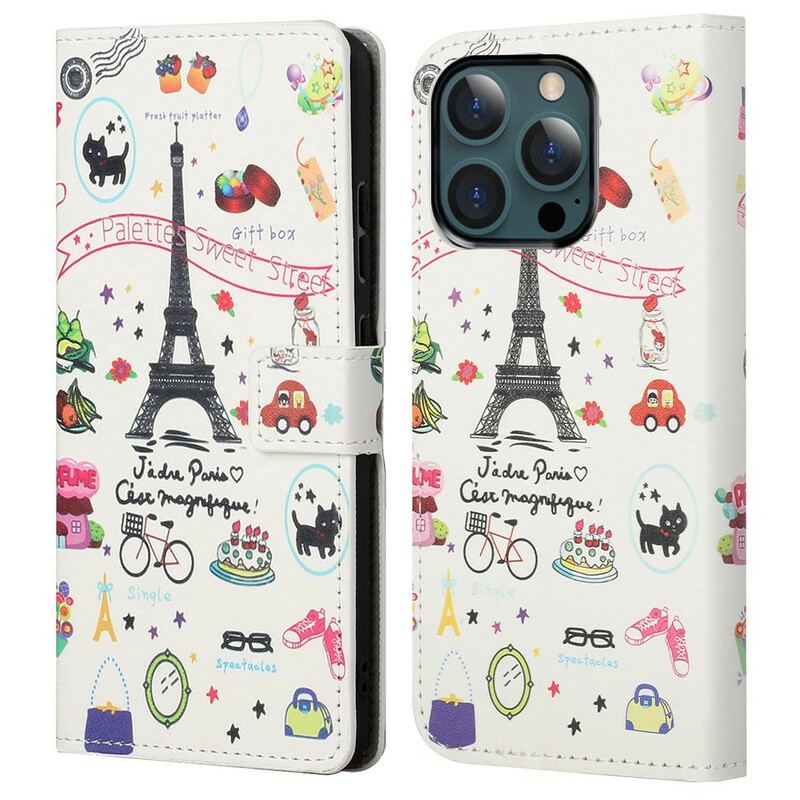 Capa De Couro Para iPhone 13 Pro Max Eu Amo Paris