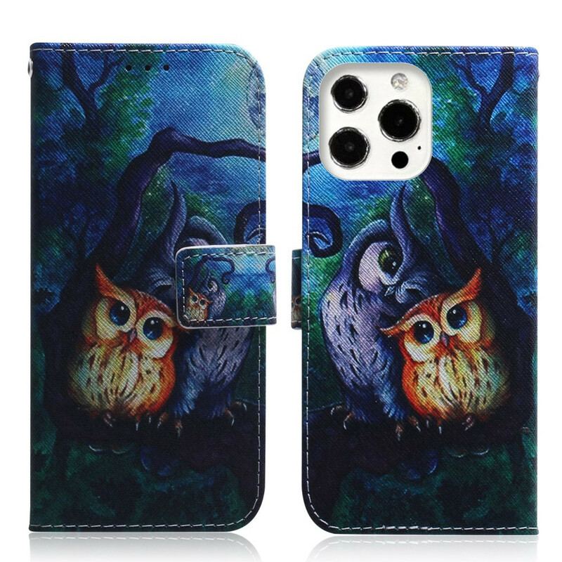 Capa De Couro Para iPhone 13 Pro Max Pintura De Corujas
