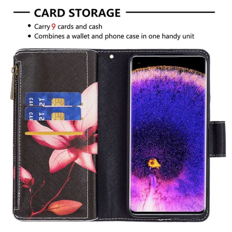 Capa Folio Para Oppo Find X5 Lite Bolso Com Zíper Flor