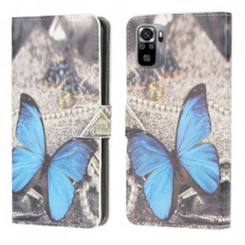 Capa De Couro Para Xiaomi Redmi Note 10 / 10S Borboleta Azul