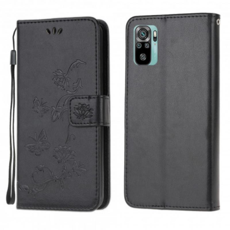 Capa De Couro Para Xiaomi Redmi Note 10 / 10S Borboletas E Flores