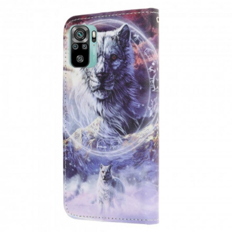 Capa Flip Para Xiaomi Redmi Note 10 / 10S Lobo No Inverno Com Cordão