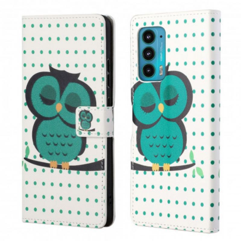 Capa De Couro Para Motorola Edge 20 Coruja Adormecida