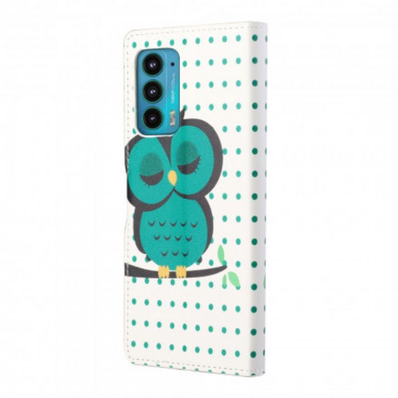 Capa De Couro Para Motorola Edge 20 Coruja Adormecida