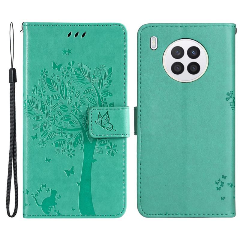Capa De Couro Para Huawei Nova 8i De Cordão Árvore E Gato Strappy
