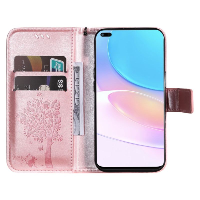 Capa De Couro Para Huawei Nova 8i De Cordão Árvore E Gato Strappy