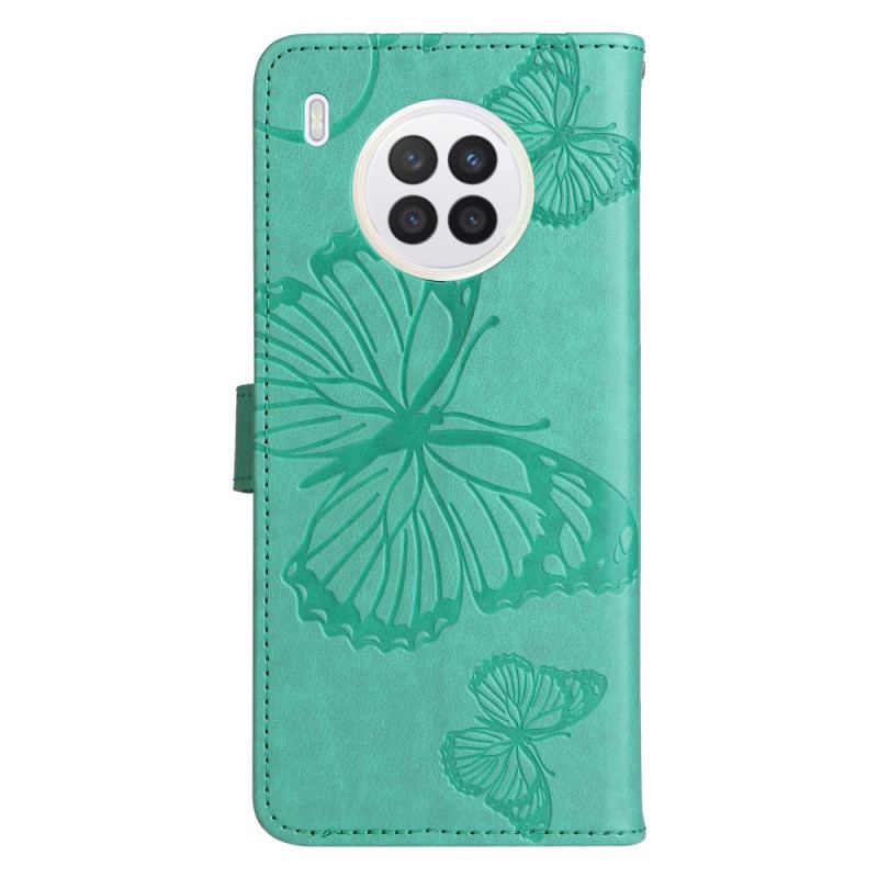 Capa Em Pele Para Huawei Nova 8i De Cordão Borboletas Gigantes