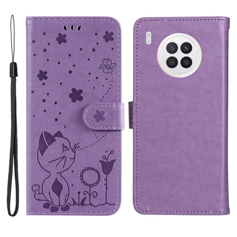 Capa Em Pele Para Huawei Nova 8i De Cordão Gato E Abelha Com Cordão
