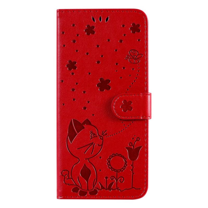 Capa Em Pele Para Huawei Nova 8i De Cordão Gato E Abelha Com Cordão