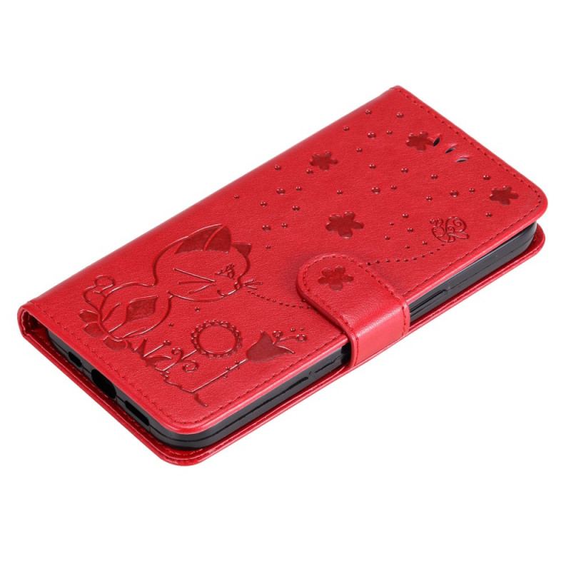 Capa Em Pele Para Huawei Nova 8i De Cordão Gato E Abelha Com Cordão