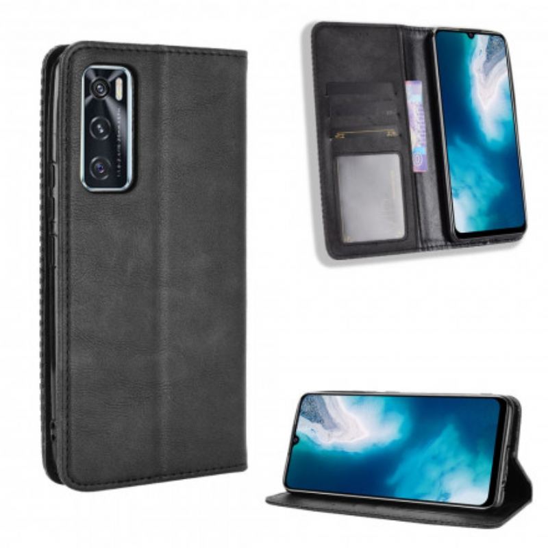 Capa De Celular Para Vivo Y70 Flip Efeito Couro Vintage Estilizado