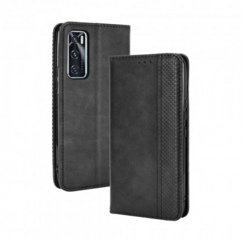 Capa De Celular Para Vivo Y70 Flip Efeito Couro Vintage Estilizado