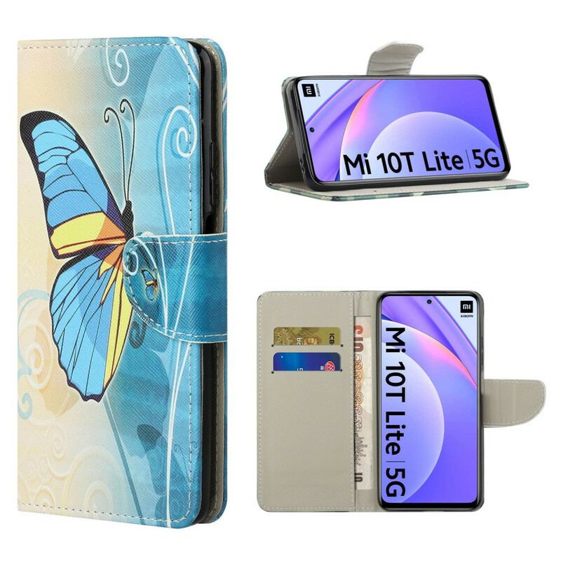 Capa Flip Para Xiaomi Redmi Note 9 Pro 5G Borboleta Azul E Amarela