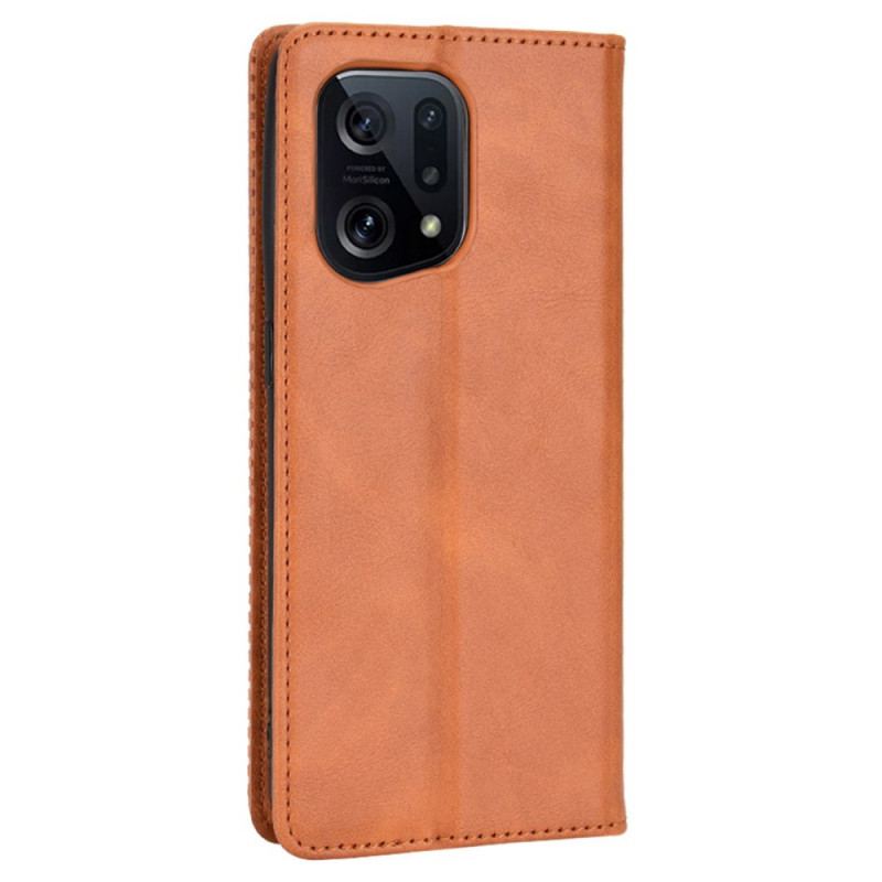 Capa De Celular Para Oppo Find X5 Flip Efeito Couro Vintage Estilizado
