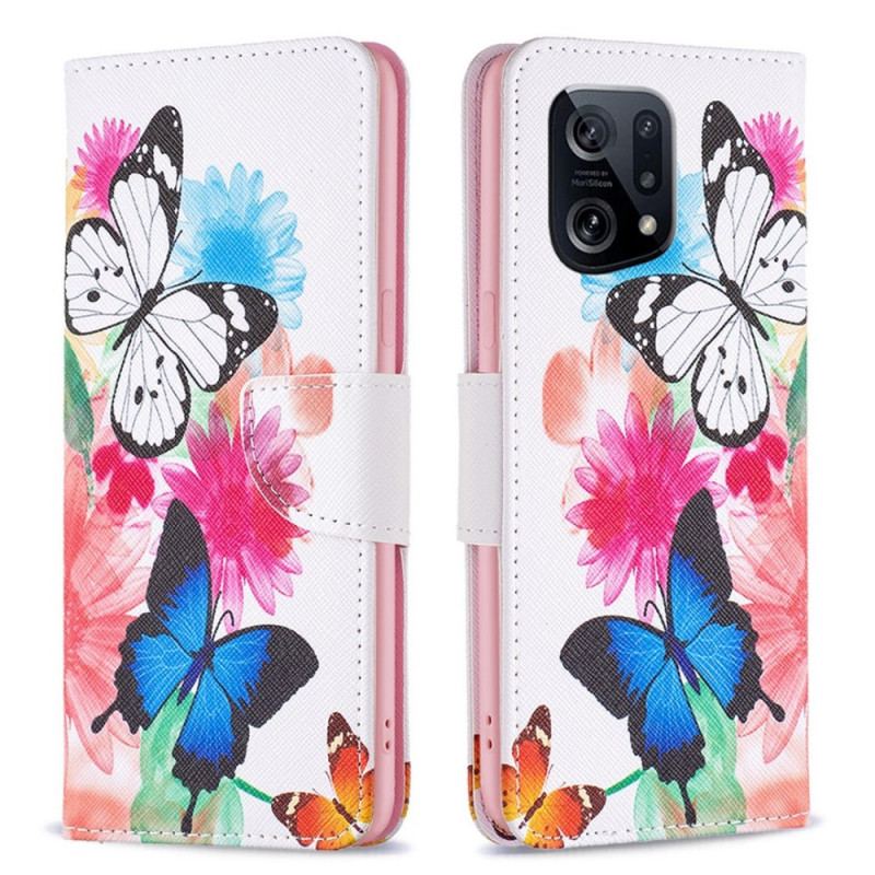 Capa De Couro Para Oppo Find X5 Aquarela Borboletas