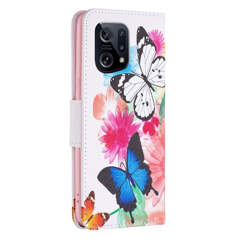 Capa De Couro Para Oppo Find X5 Aquarela Borboletas