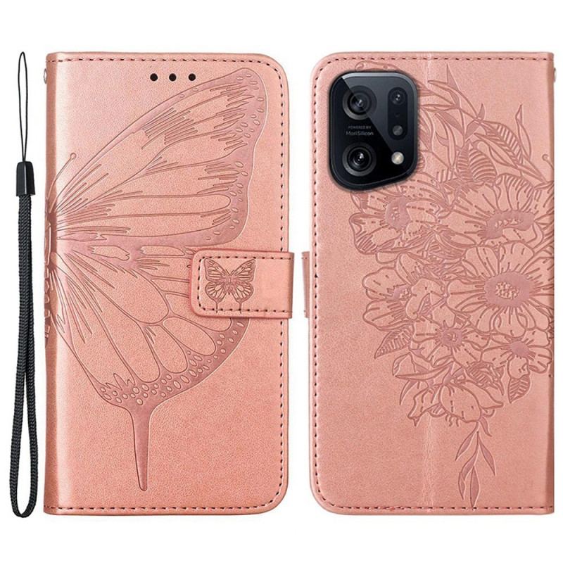 Capa De Couro Para Oppo Find X5 Design De Borboleta Com Cordão