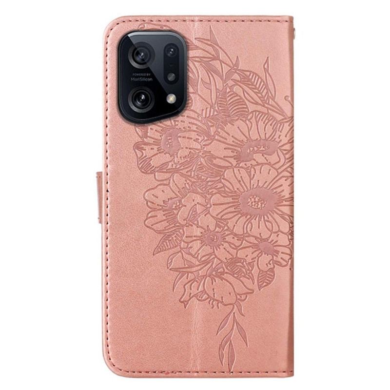 Capa De Couro Para Oppo Find X5 Design De Borboleta Com Cordão