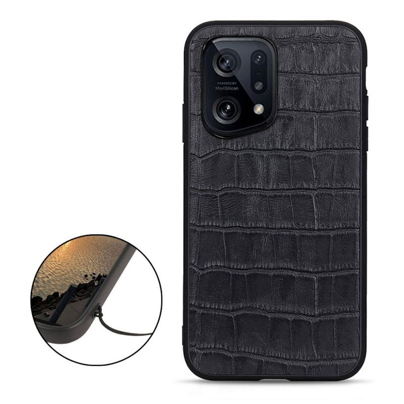 Capa Para Oppo Find X5 Couro Genuíno Com Textura De Crocodilo