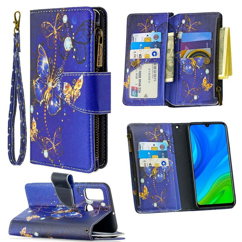 Capa De Couro Para Huawei P Smart 2020 Bolso Com Zíper De Borboletas
