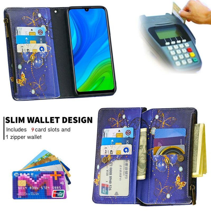 Capa De Couro Para Huawei P Smart 2020 Bolso Com Zíper De Borboletas