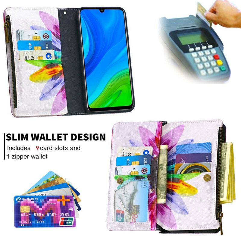 Capa Flip Para Huawei P Smart 2020 Bolso Com Zíper Flor